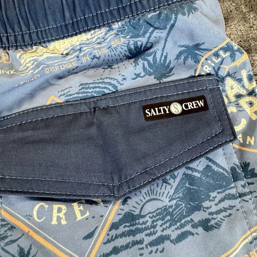 SALTY CREW CABIN Sz L 34 CRUISER Beach Club Elastic Boardshort Marine Blue AOP